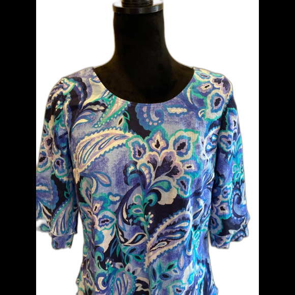 Soft Surroundings Blouse Sz ? Medium Top Blue Ruffled Edge Sleeve & V Hemline - Picture 2 of 11